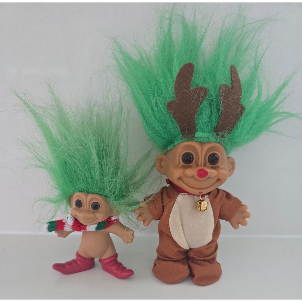 Vintage Russ Berrie Christmas Troll Doll Set Reindeer Outfit Green Hair 2pc